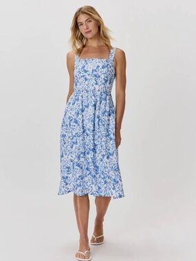 Quince 100% European Linen Fit & Flare Midi Dress, size Medium, Floral Waterfall